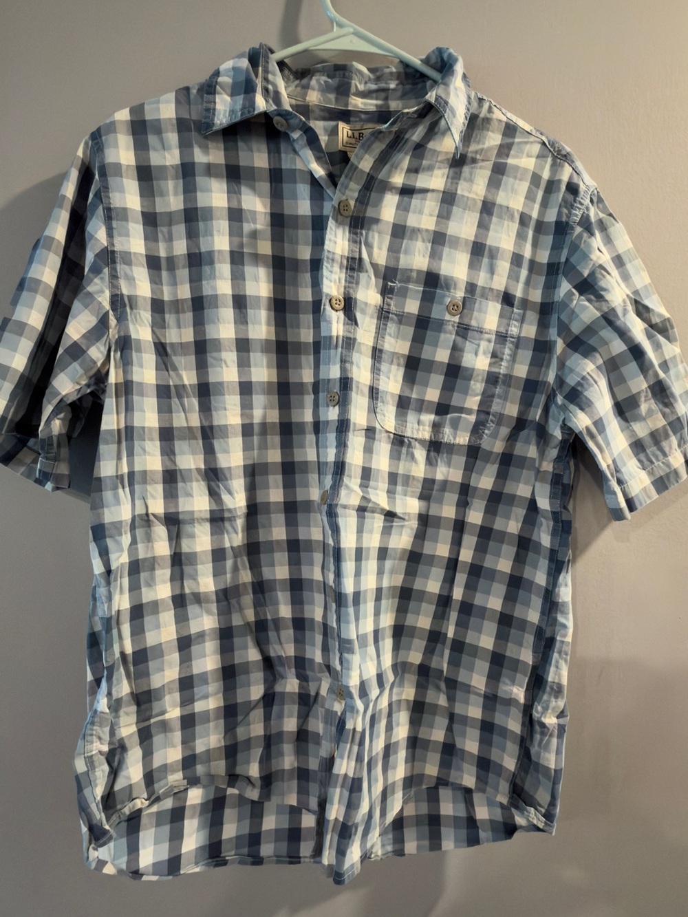 L.L. Bean Blue and White Plaid Short-Sleeve Button-Down Shirt